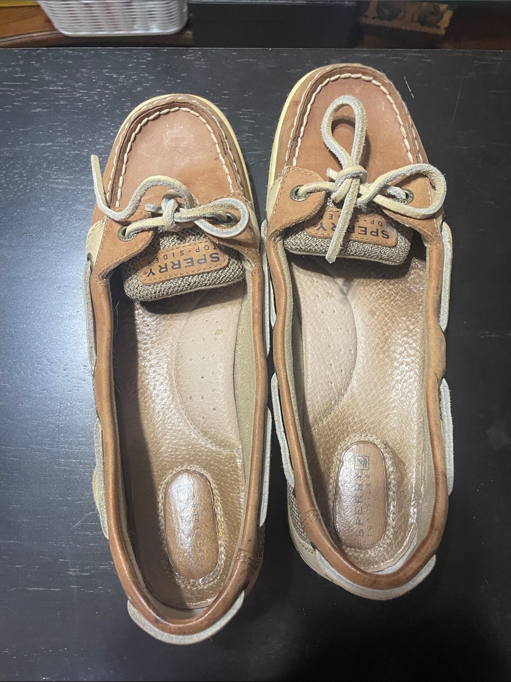 Sperry Tan Brown Leather Boat Shoes with Lace Trim